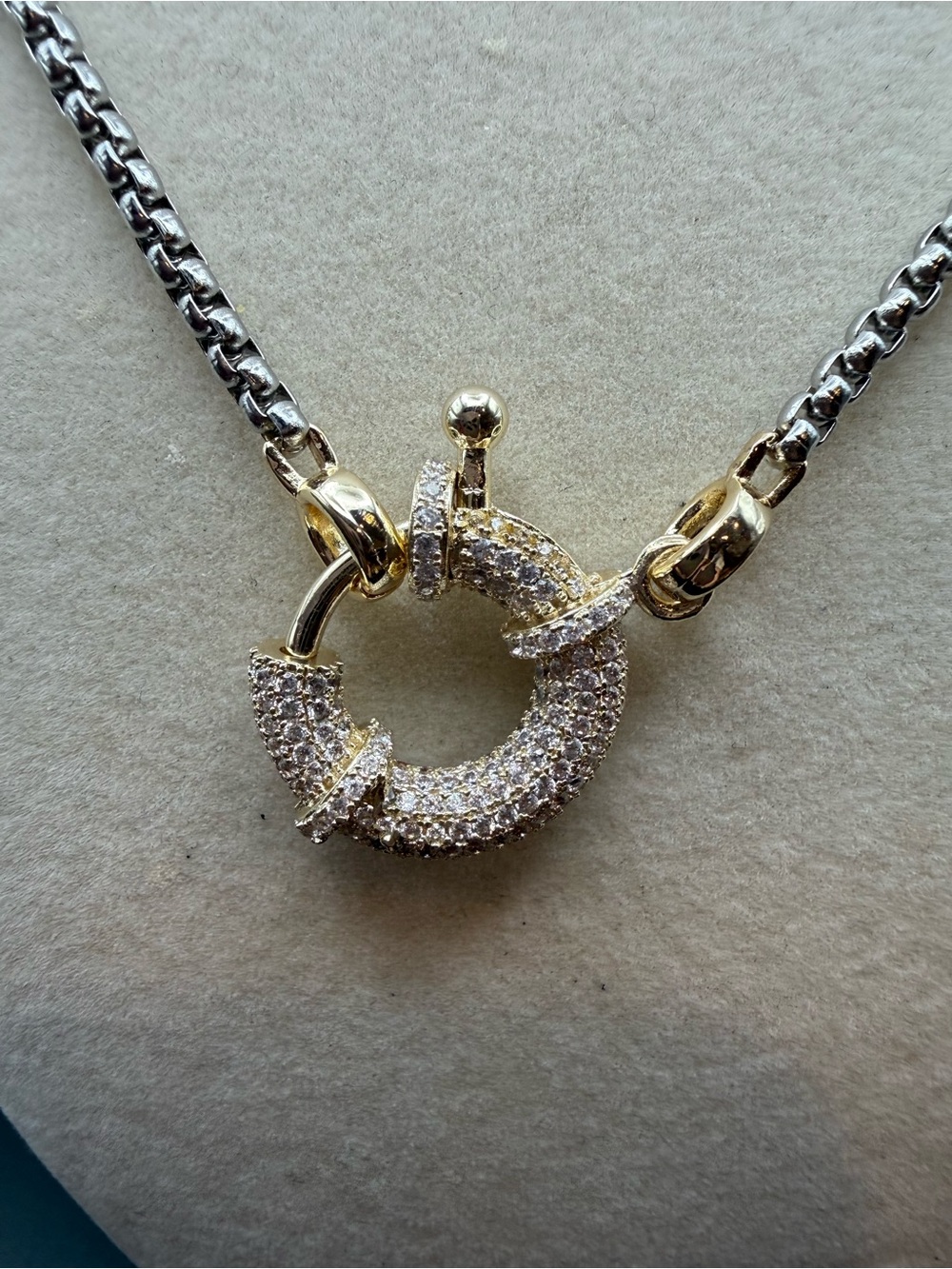 Two tone Gold and Silver Pavé Circle clasp Necklace